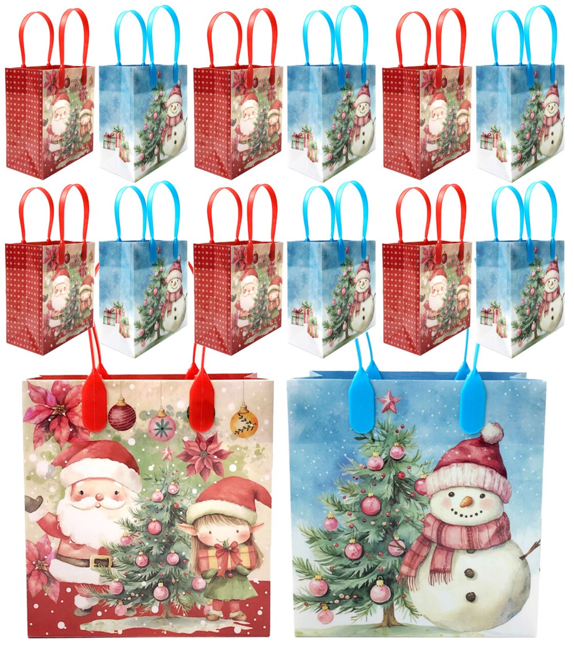 TINYMILLS Rustic Christmas Party Goody Bags 12 Pack – Cute Vintage Holiday Gift Bags for Kids, Santa & Snowman Designs, Christmas Party Favors, Candy Treat Bags, Classroom Holiday Supplies